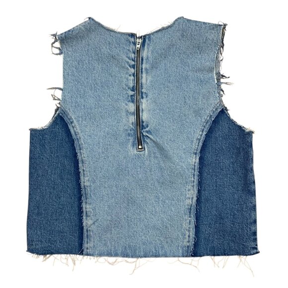 Zara Patchwork Denim Tank Top S Blue Distressed Cropped Sleeveless Bohemian - Picture 2 of 14